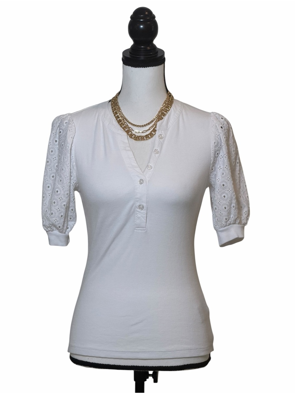 Philosophy White Eyelet Puff Sleeve Henley
